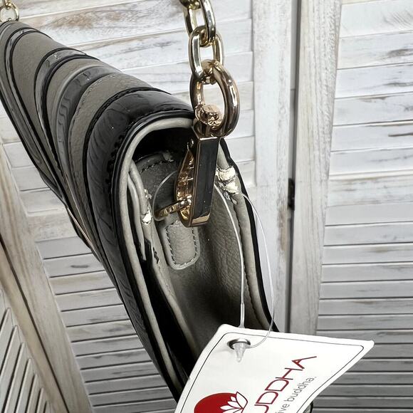 BIG BUDDHA Women's Gray Temple Black Patent Leather Chain Strap Handbag NWT - Picture 8 of 13